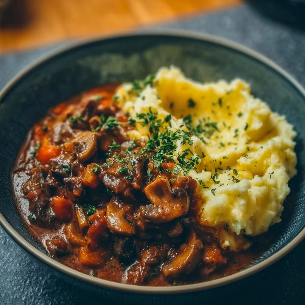 Leckeres Pilzgulasch serviert mit cremigem Kartoffelpüree.