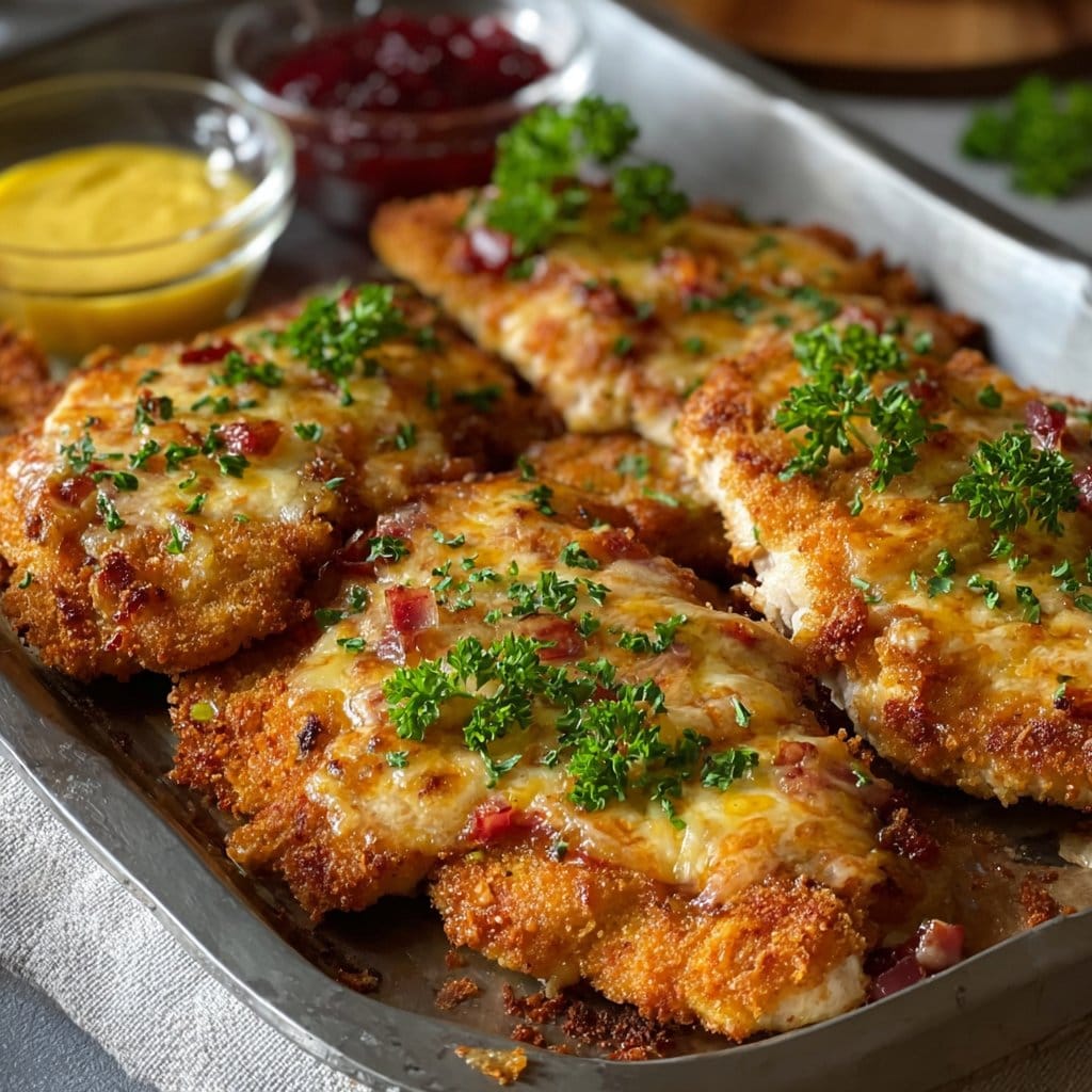 Überbackene Partyschnitzel aus dem Ofen (Hähnchen)