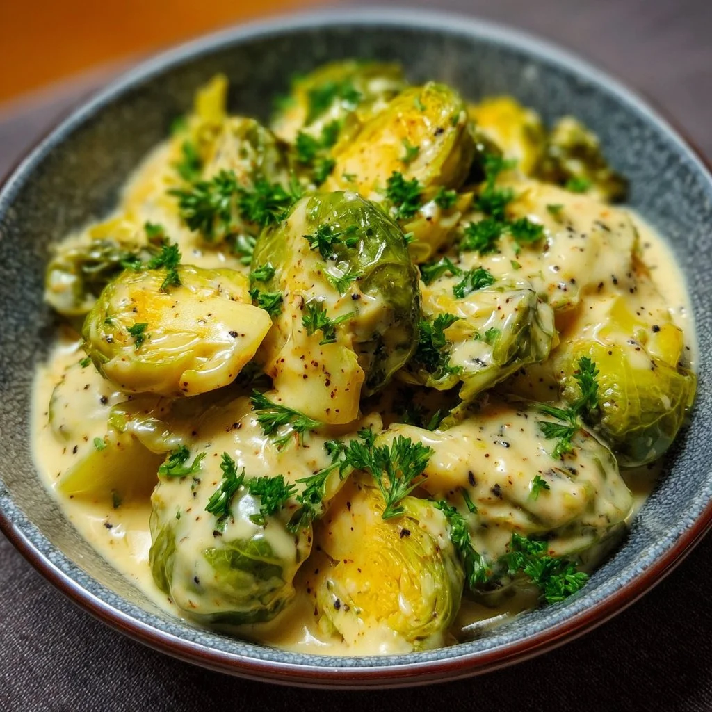 Rosenkohl in cremiger Frischkäse-Senfsauce auf einem Teller angerichtet