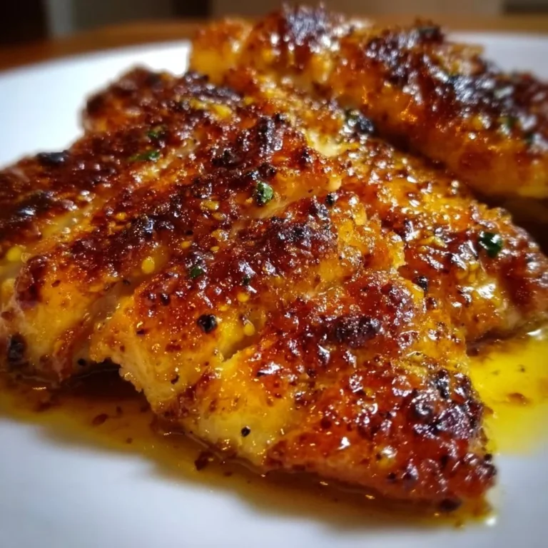 Saftiges Hühnchen mit Honig-Senf-Glasur auf einem Teller angerichtet