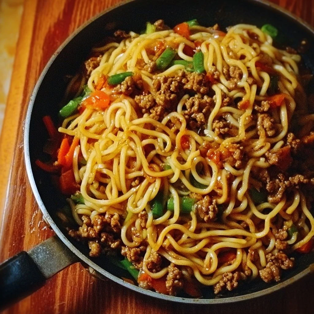 Schnelle Fleisch-Nudel-Pfanne mit frischem Gemüse und Nudeln