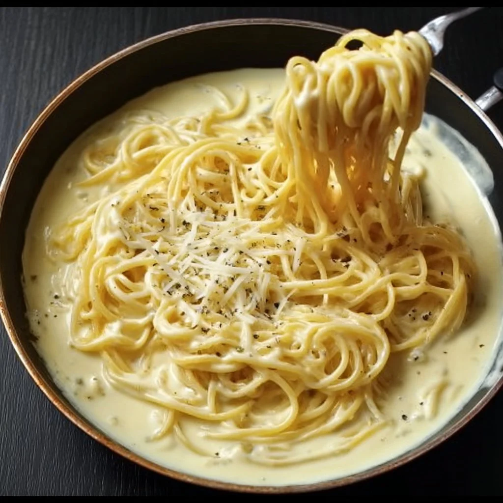 Cremige Käse Sahne Soße für Nudeln in einer Pfanne