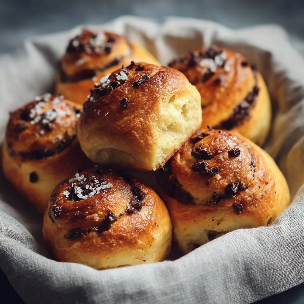 Frisch gebackene Schoko-Brötchen mit Schokoladenstückchen auf einem Blech.