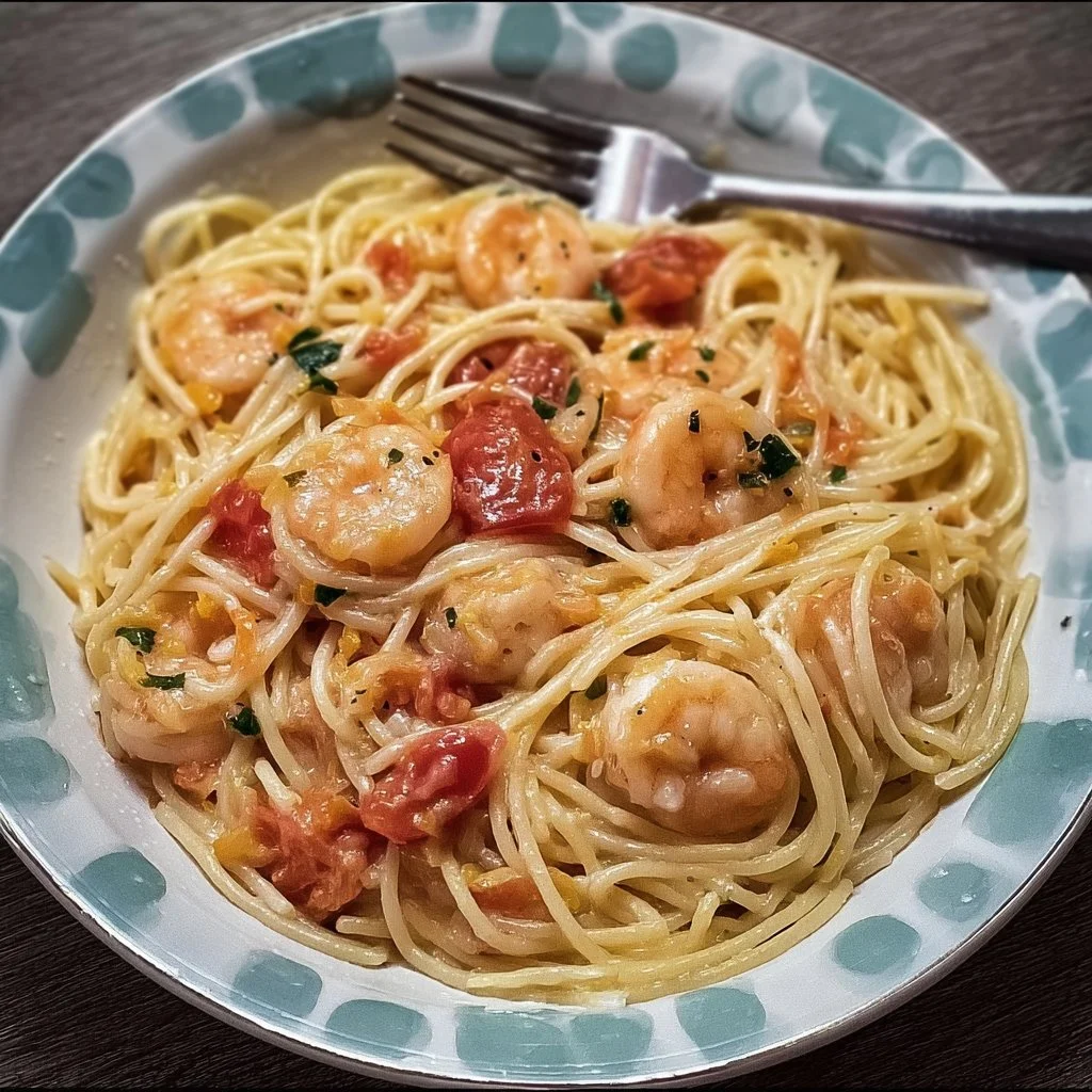 Spaghetti mit Garnelen in cremiger Frischkäse-Sauce serviert auf einem Teller