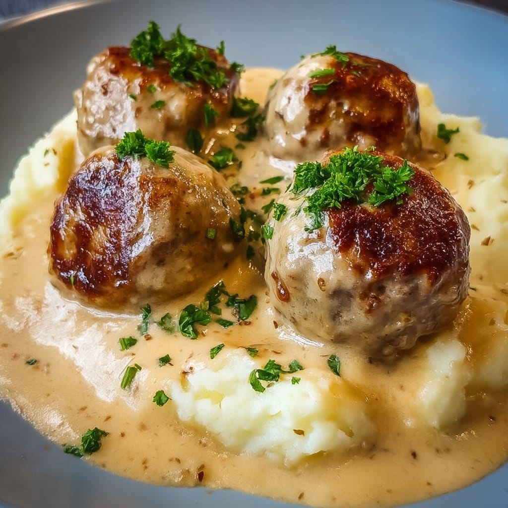 Hackbällchen in cremiger Sauce mit Kartoffelpüree – Ein herzhafter Genuss für die ganze Familie