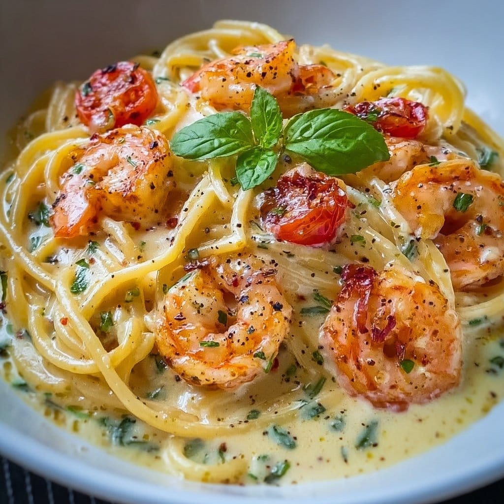 Spaghetti with shrimp in cream cheese sauce