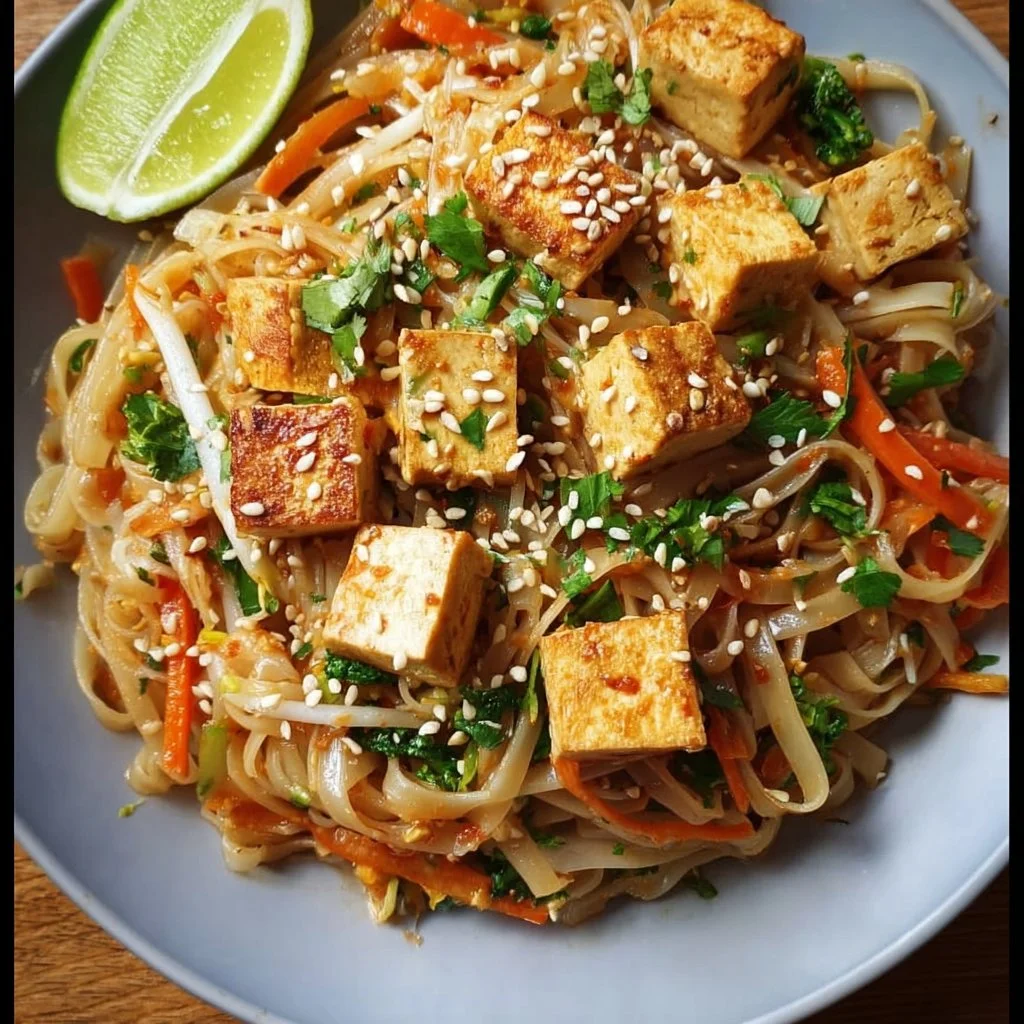 Veganes Pad Thai mit Tofu und Erdnusssauce auf einem Teller serviert
