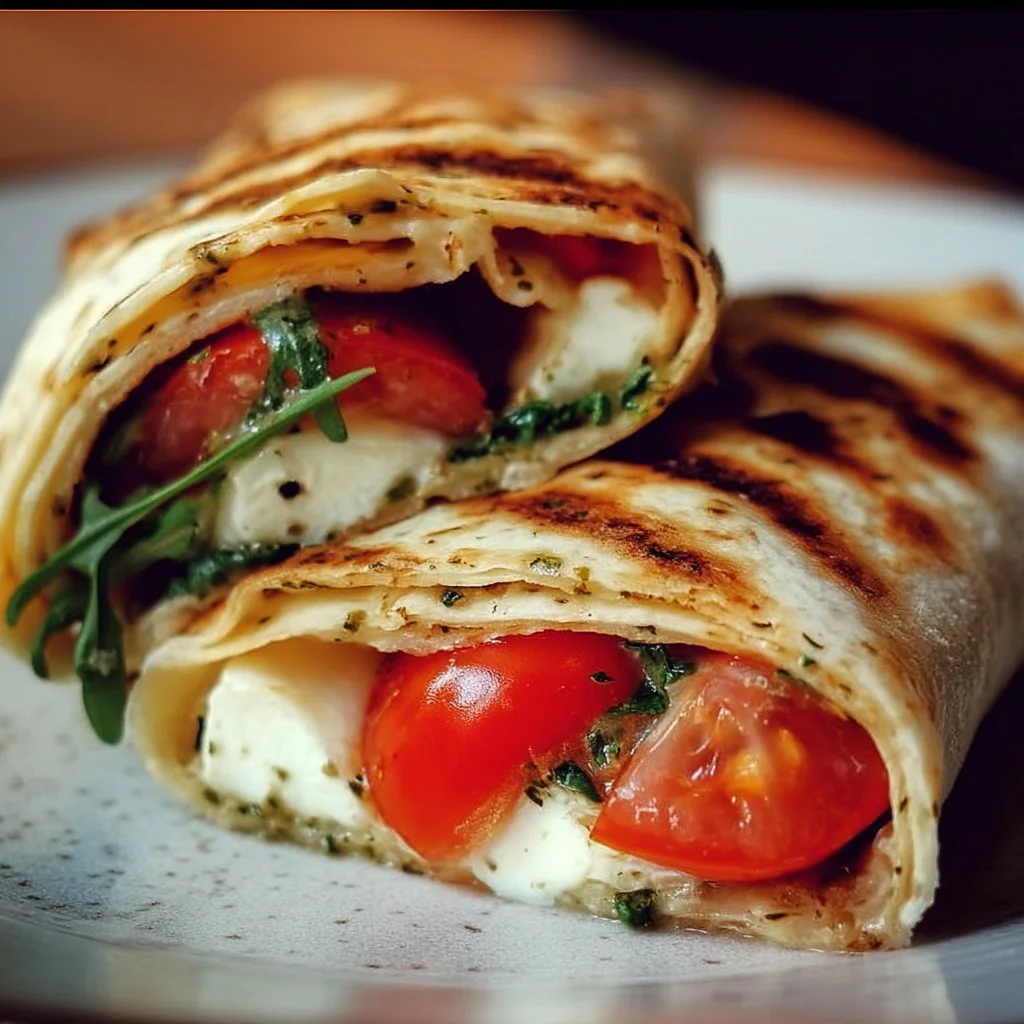 Vegetarischer Wrap mit Tomate und Mozzarella auf einem Teller