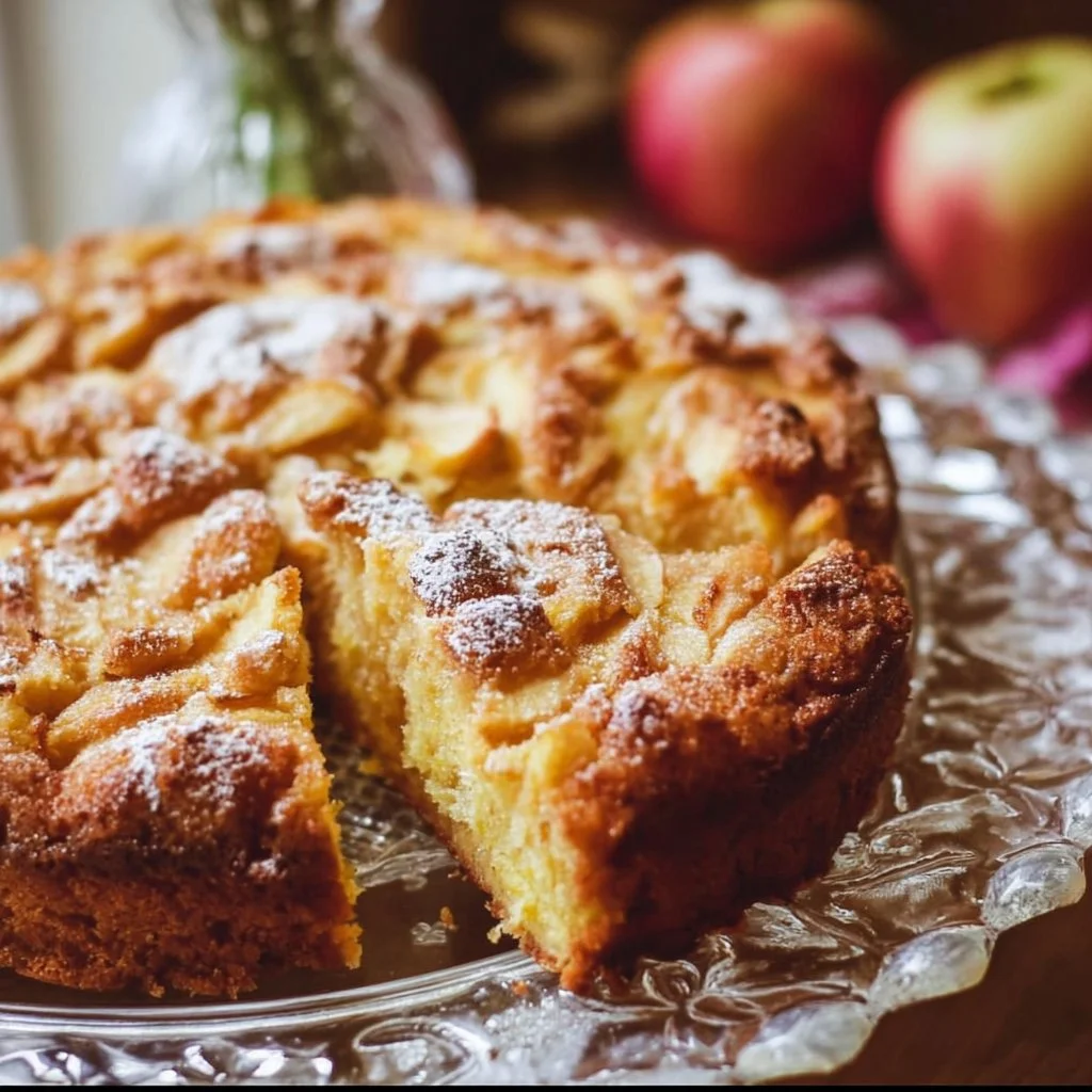 Köstlicher Apfelkuchen ohne Mehl auf einem Holztablett