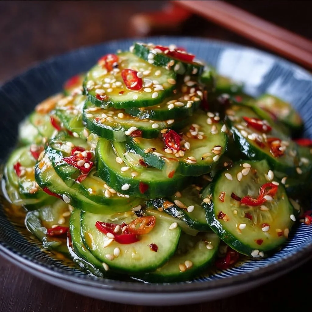 Asiatischer Gurkensalat mit Chili und Sesam auf einem weißen Teller