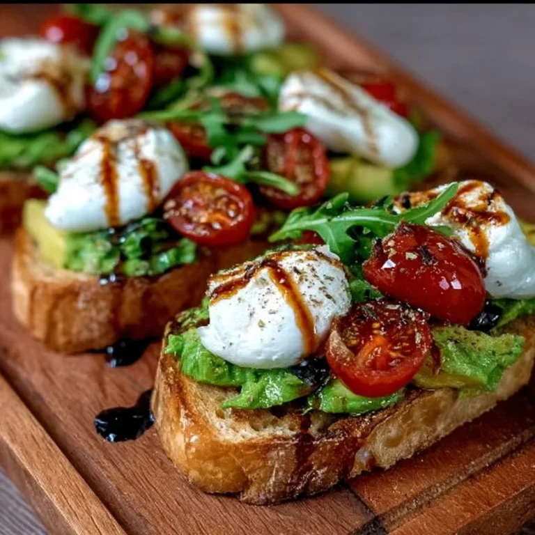 Avocado Burrata Bruschetta mit frischen Zutaten auf geröstetem Brot