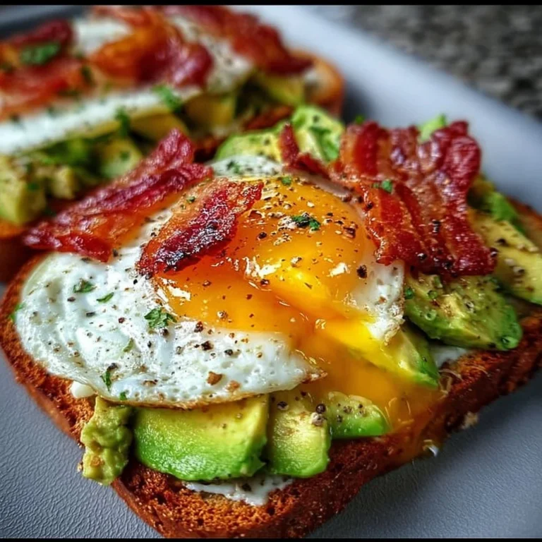 Avocado Toast mit Speck und Ei auf einem Holzbrett serviert