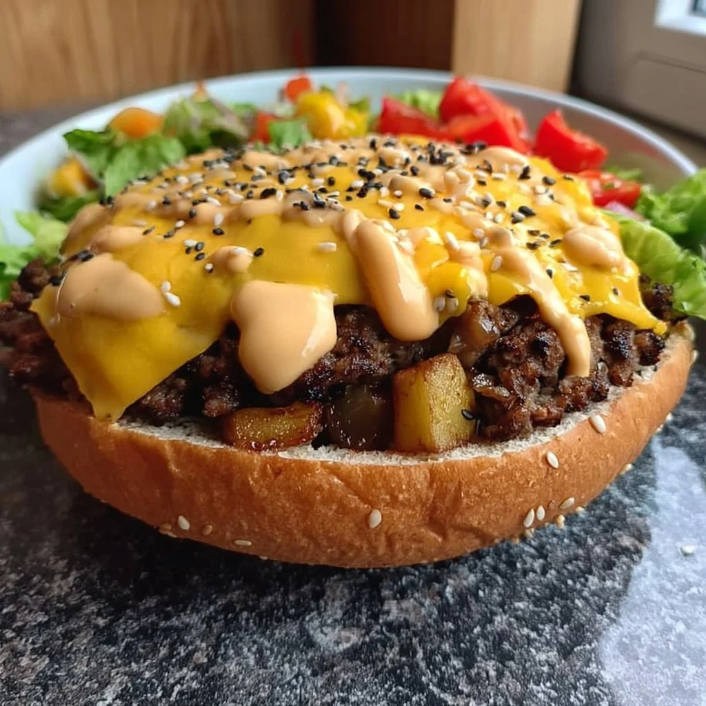 Bowl mit einem leckeren Burger, frischem Gemüse und Saucen.