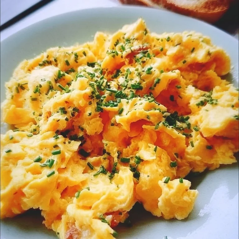 Cremiges Rührei auf einem Teller, serviert mit frischen Kräutern.