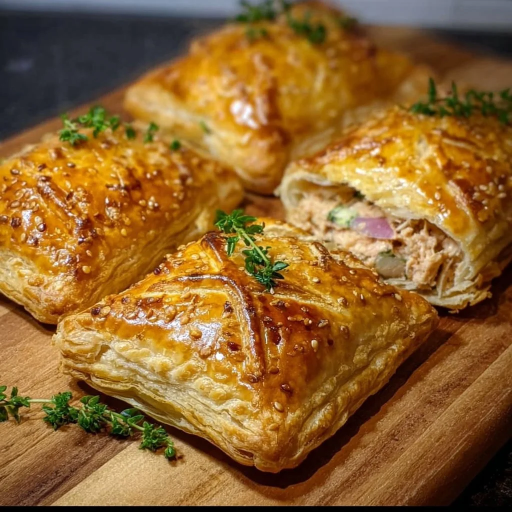 Knusprige Blätterteigtaschen mit Thunfischfüllung auf einem Teller