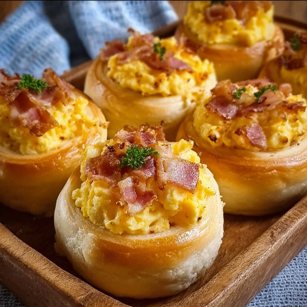 Frühstücksrollen mit Rührei, Käse und Speck auf einem Teller