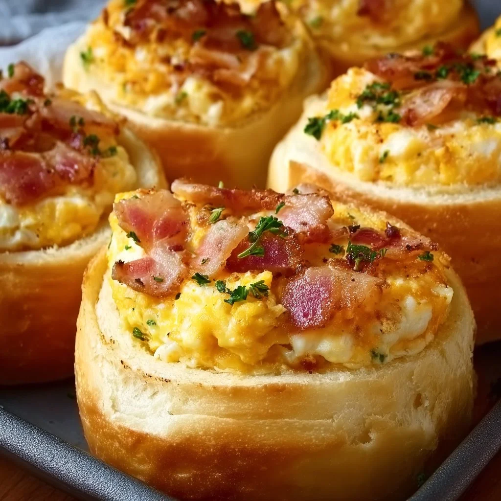 Frühstücksrollen mit Rührei, Käse und Speck