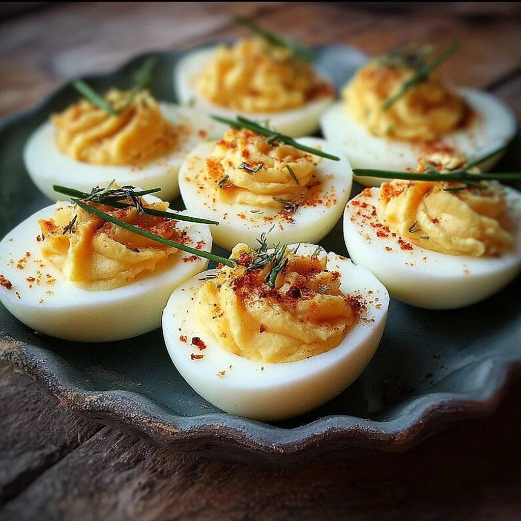 Gefüllte Eier auf einem Servierteller, dekoriert mit frischen Zutaten