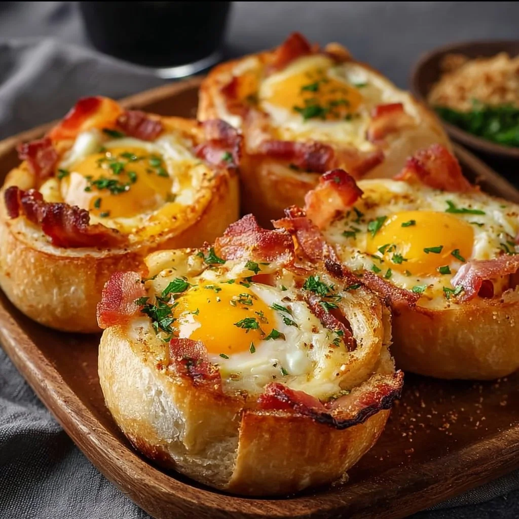 Gefüllte Frühstücksbrötchen mit Ei, Bacon und Käse