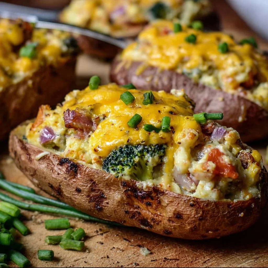 Gefüllte Ofenkartoffeln mit cremigem Gemüse und veganem Käse auf einem Teller