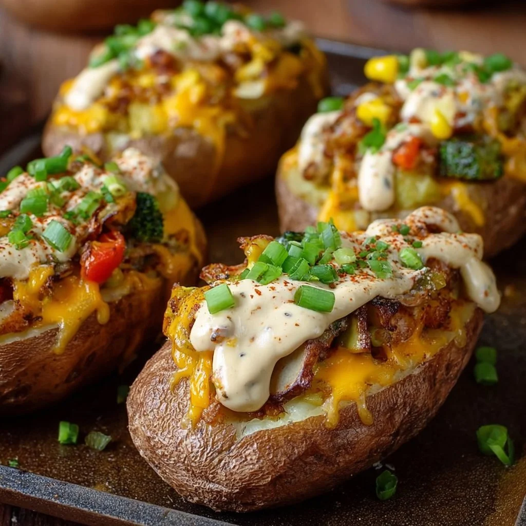 Gefüllte Ofenkartoffeln mit cremigem Gemüse und veganem Käse