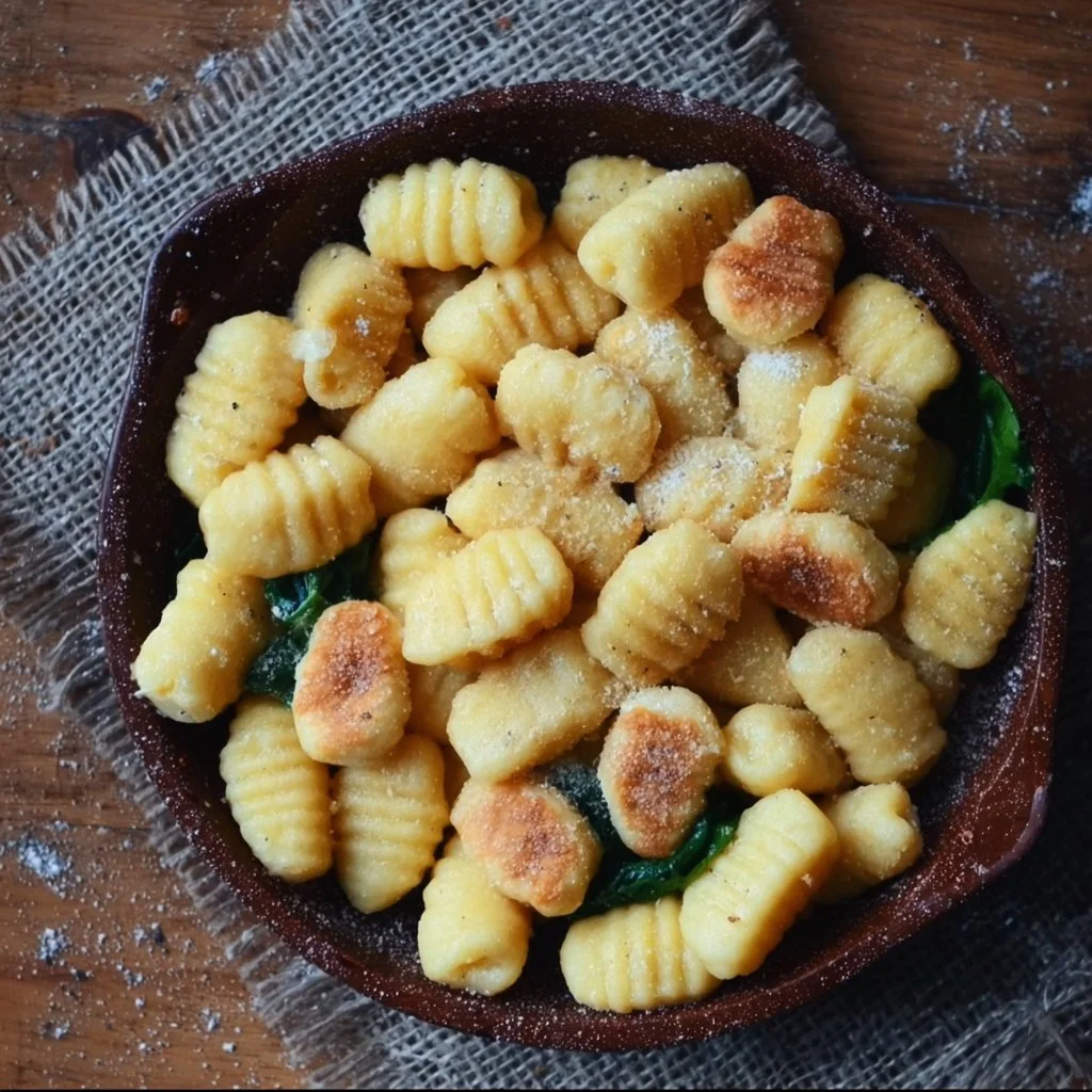 Schüssel mit glutenfreien Gnocchi, serviert mit frischem Basilikum und Tomatensauce