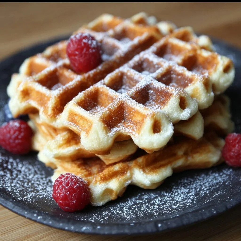 Glutenfreie Quarkwaffeln auf einem Teller serviert mit frischen Früchten