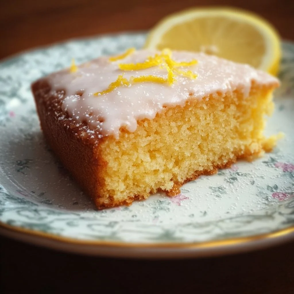 Leckerer glutenfreier Zitronenkuchen auf einem Teller, dekoriert mit Zitronenscheiben.