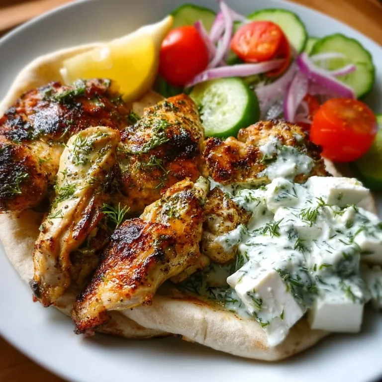 Griechisches Hähnchen mit Tzatziki und Feta serviert auf einem Teller
