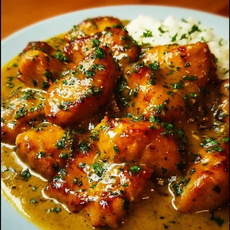 Hähnchen in Honig-Senf-Sauce auf einem Teller serviert