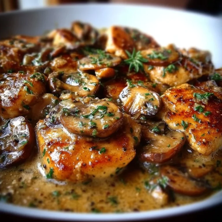 Leckere Hähnchen-Pilzpfanne auf einem Teller serviert