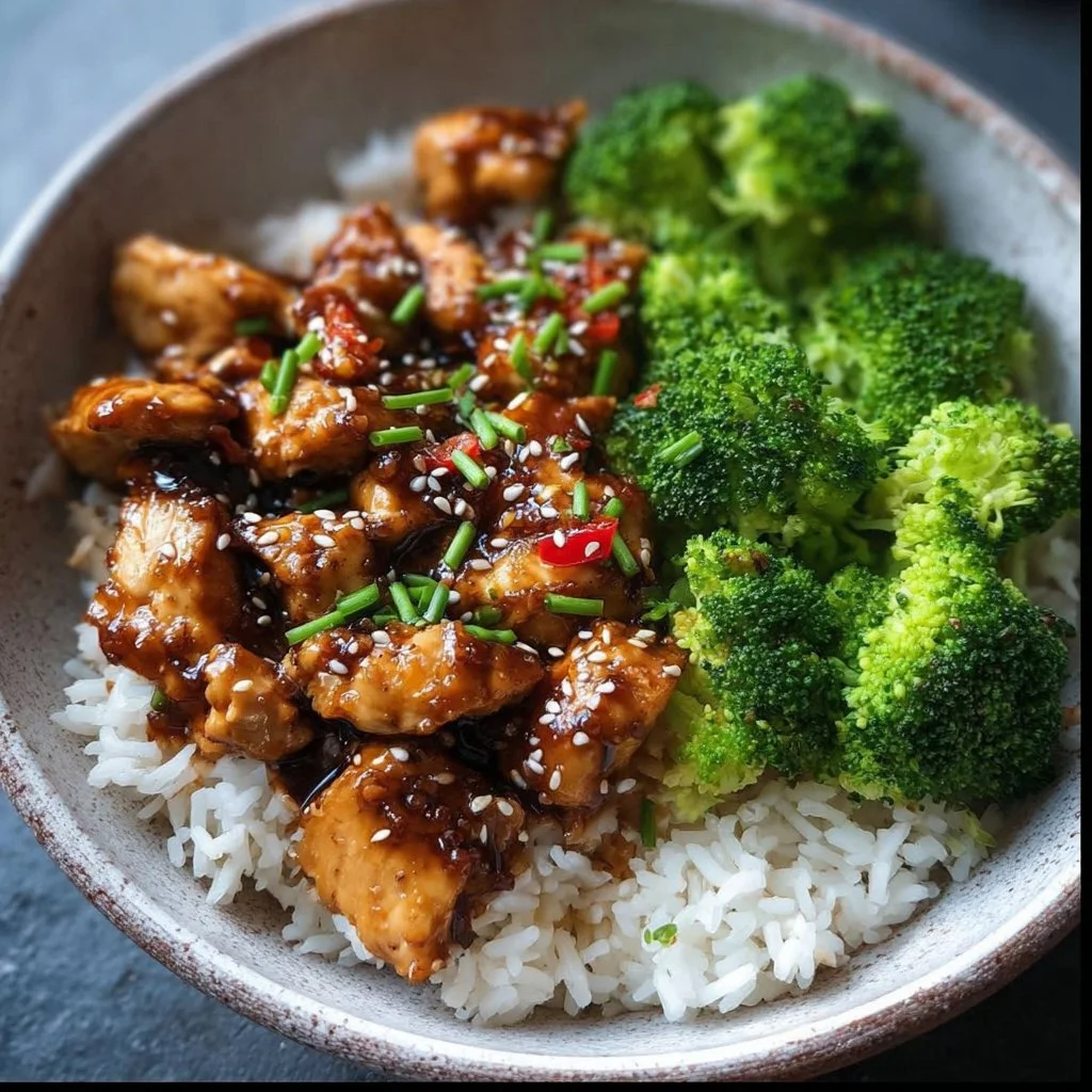 Hähnchen-Teriyaki mit Brokkoli und Reis auf einem Teller