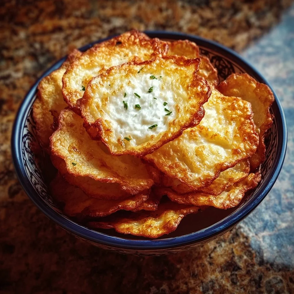 Schüssel mit knusprigen Hüttenkäse-Chips als gesunder Snack