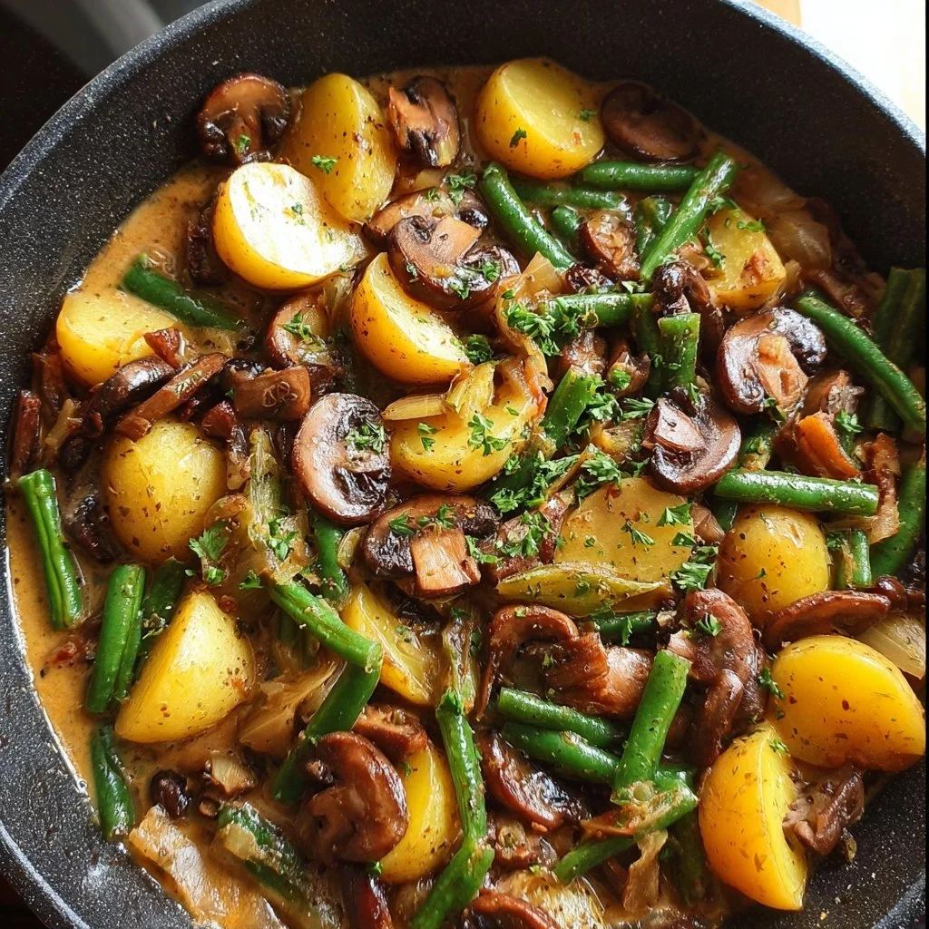 Leckere Kartoffel-Pilz-Pfanne mit Bohnen auf einem Teller serviert
