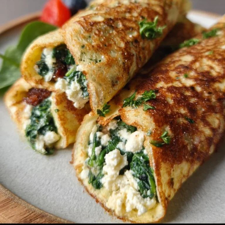 Keto Pfannkuchen Wraps mit Spinat und Feta auf einem Teller serviert