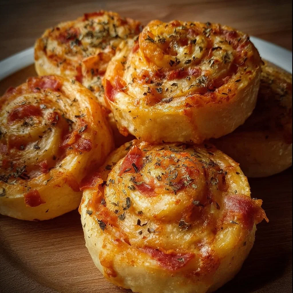 Klassische Pizzaschnecken auf einem Holzbrett mit frischen Kräutern