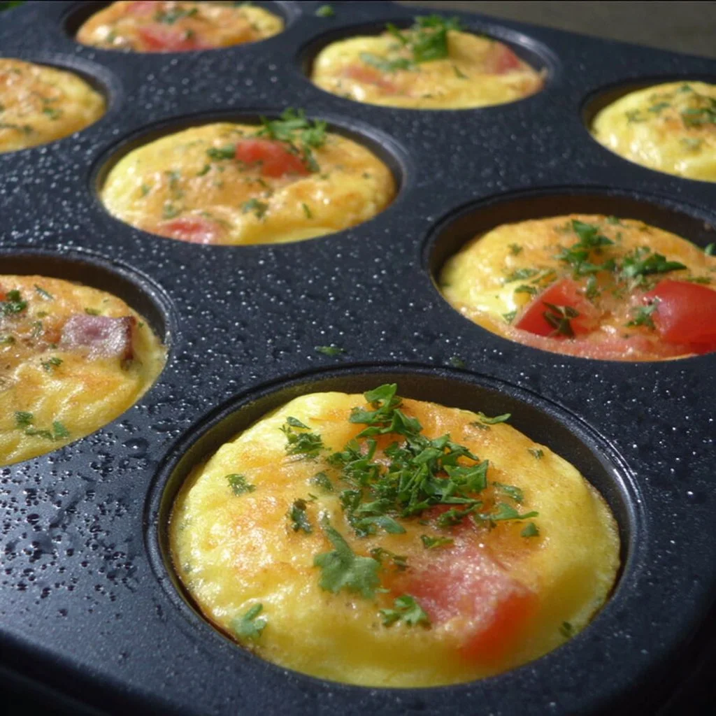 Leckere kleine Omelette im Muffinblech auf einem Teller serviert
