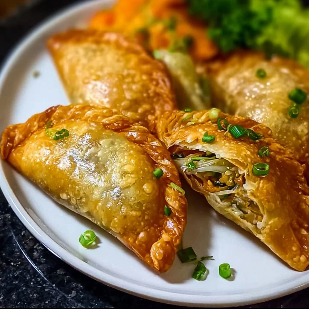 Knusprige vegane Gemüsetaschen auf einem Holzbrett angerichtet