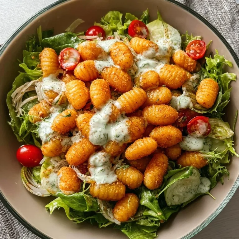 Knuspriger Gnocchi-Salat mit Joghurt-Dressing in einer Schüssel serviert