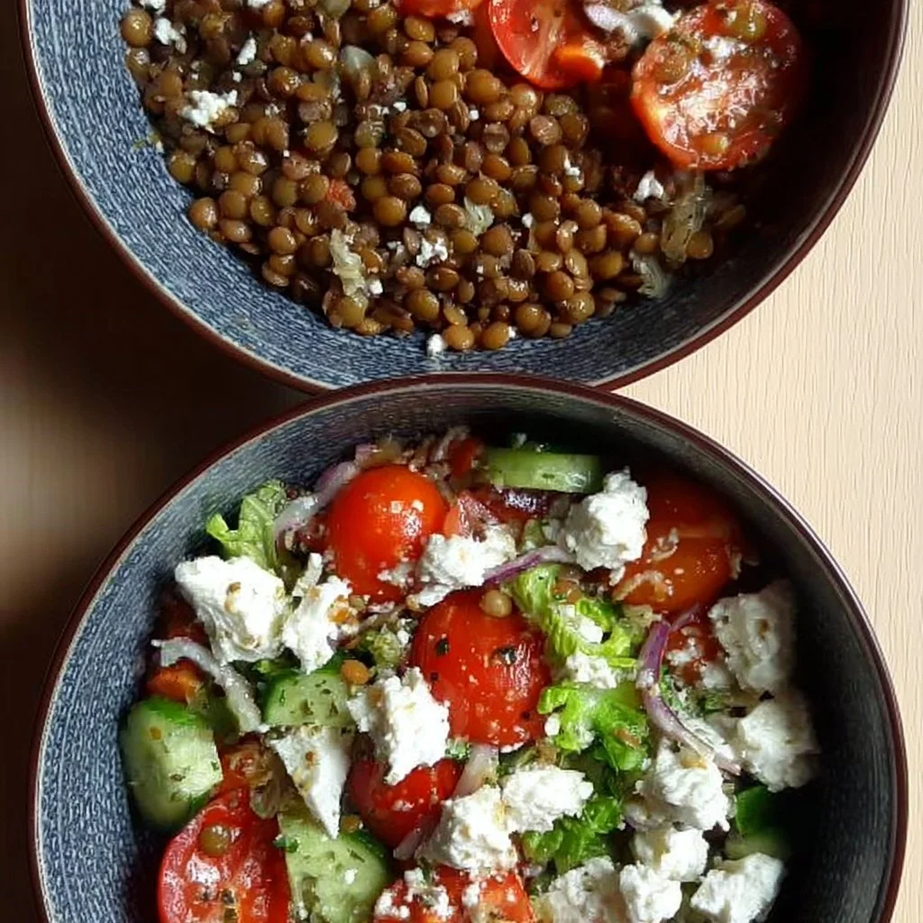 Linsen-Feta-Salat mit frischen Zutaten und einem Dressing