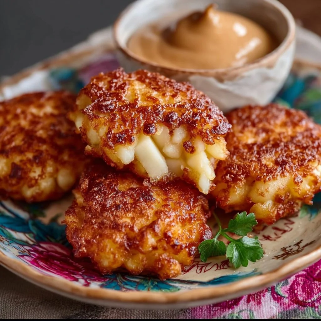 Leckere Milchreispuffer mit Apfel auf einem Teller, ideal zum Naschen.
