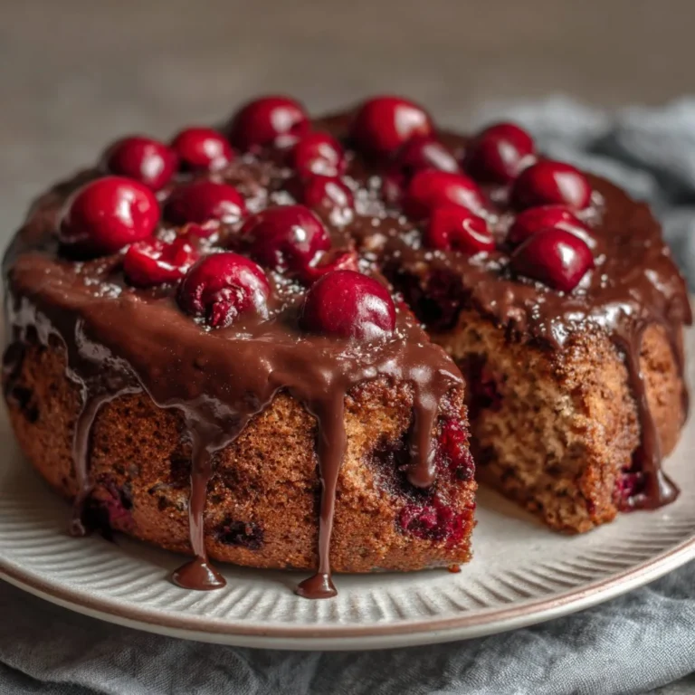 Nusskuchen mit Kirschen und Schokoladenglasur auf einem Teller