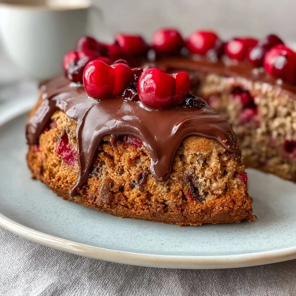 Nusskuchen mit Kirschen und Schokoladenglasur