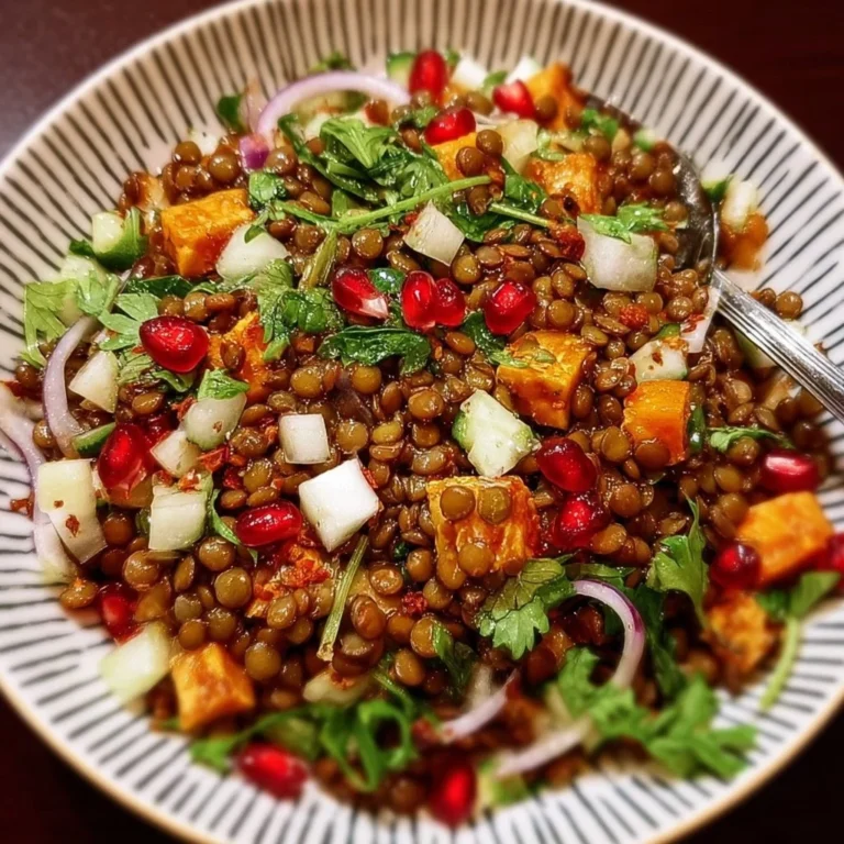 Orientalischer Linsensalat mit frischen Zutaten und Gewürzen
