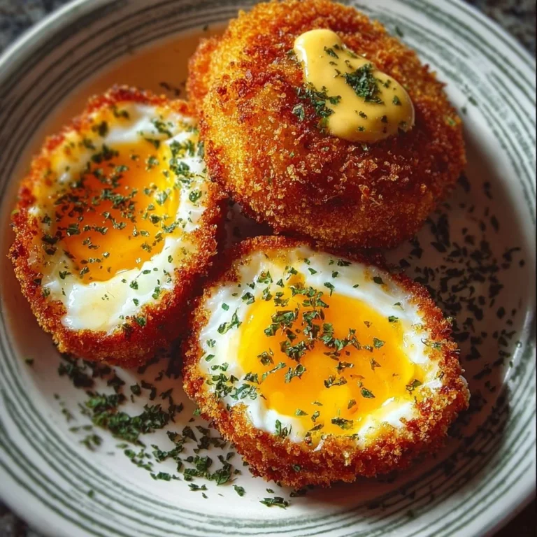 Knusprige panierte Eier auf einem Teller mit Kräutern