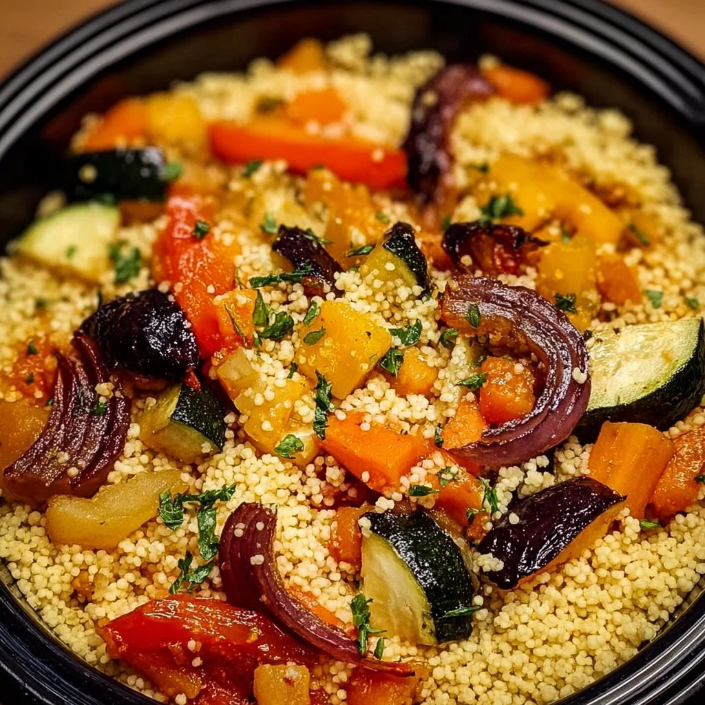 Schüssel mit Röstgemüse Couscous, garniert mit frischen Kräutern