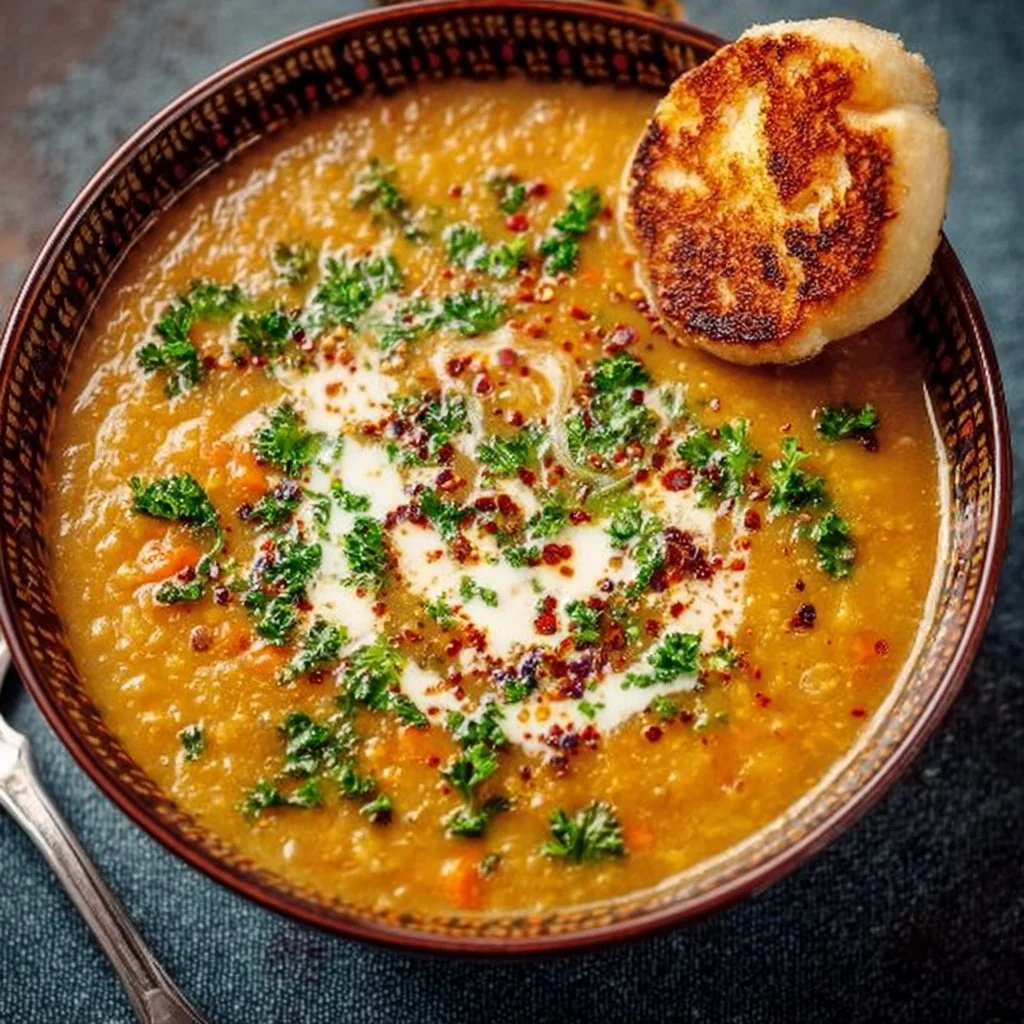 Schüssel mit kräftiger und aromatischer roter Linsensuppe