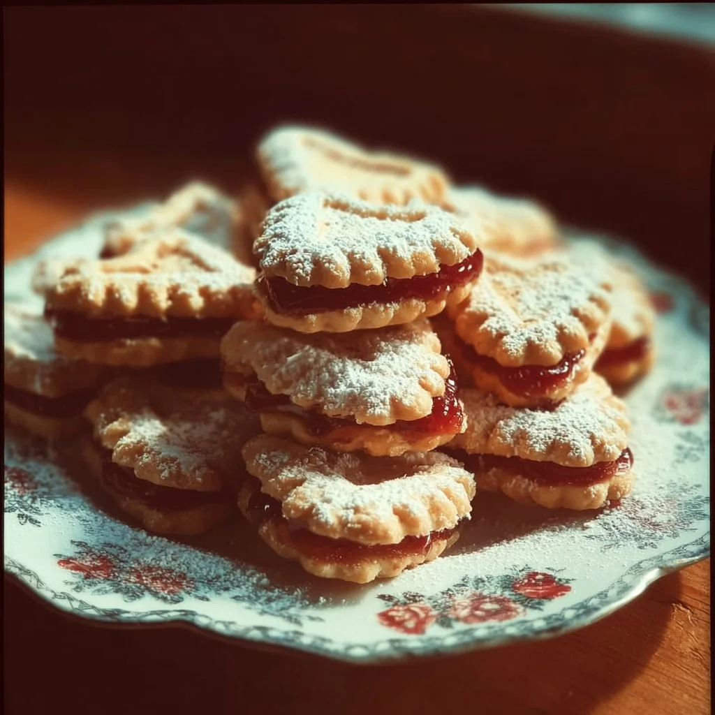 Köstliche Spitzbuben Kekse mit Marmelade gefüllt auf einem rustikalen Holztisch