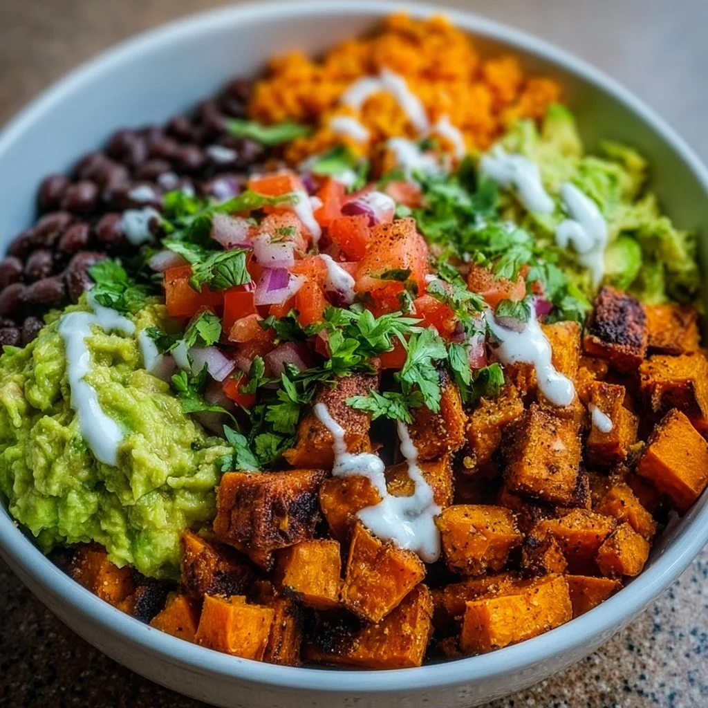 Leckere Süßkartoffel Burrito Schüssel mit frischen Zutaten.