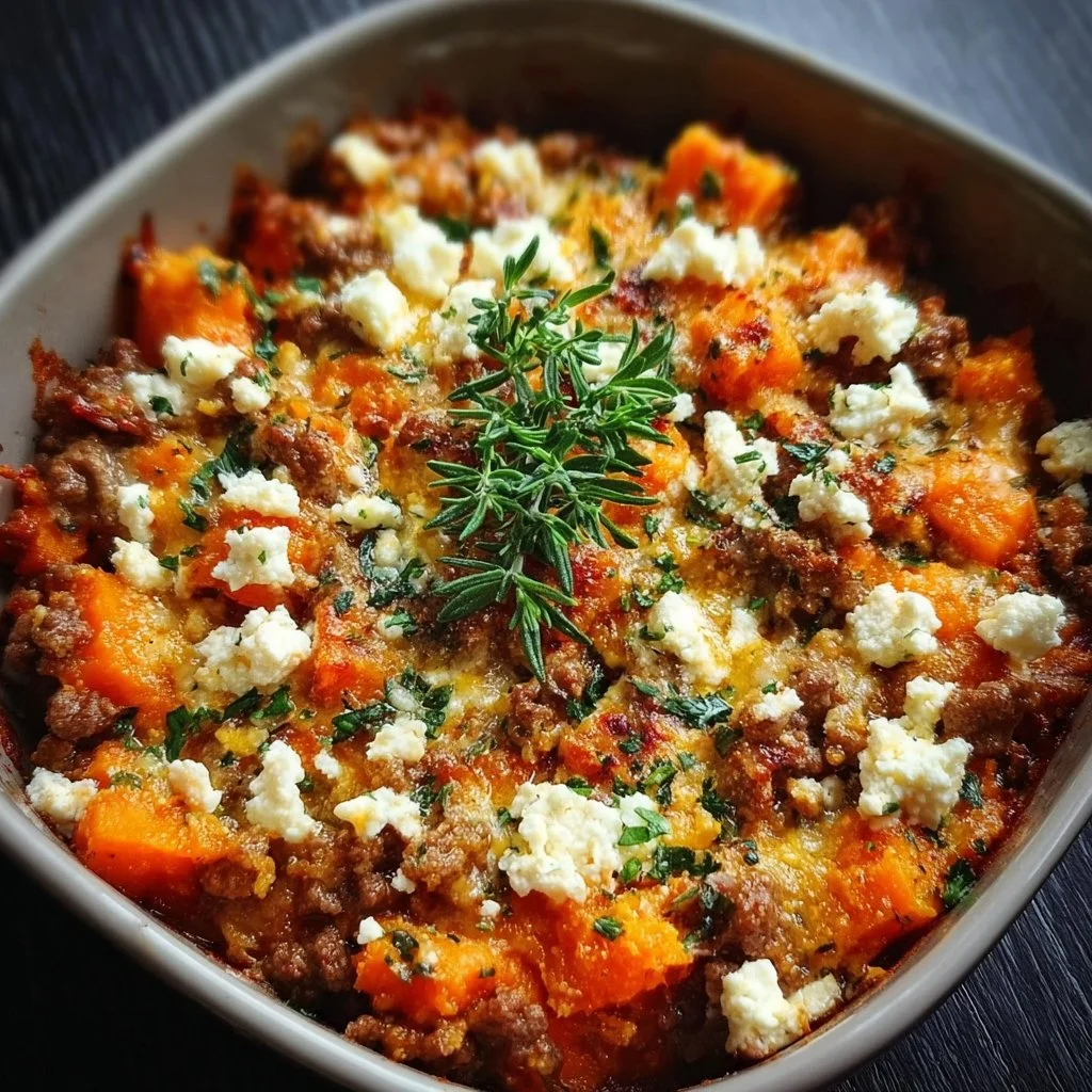 Süßkartoffel-Hackfleisch-Auflauf mit Feta auf einem Teller serviert